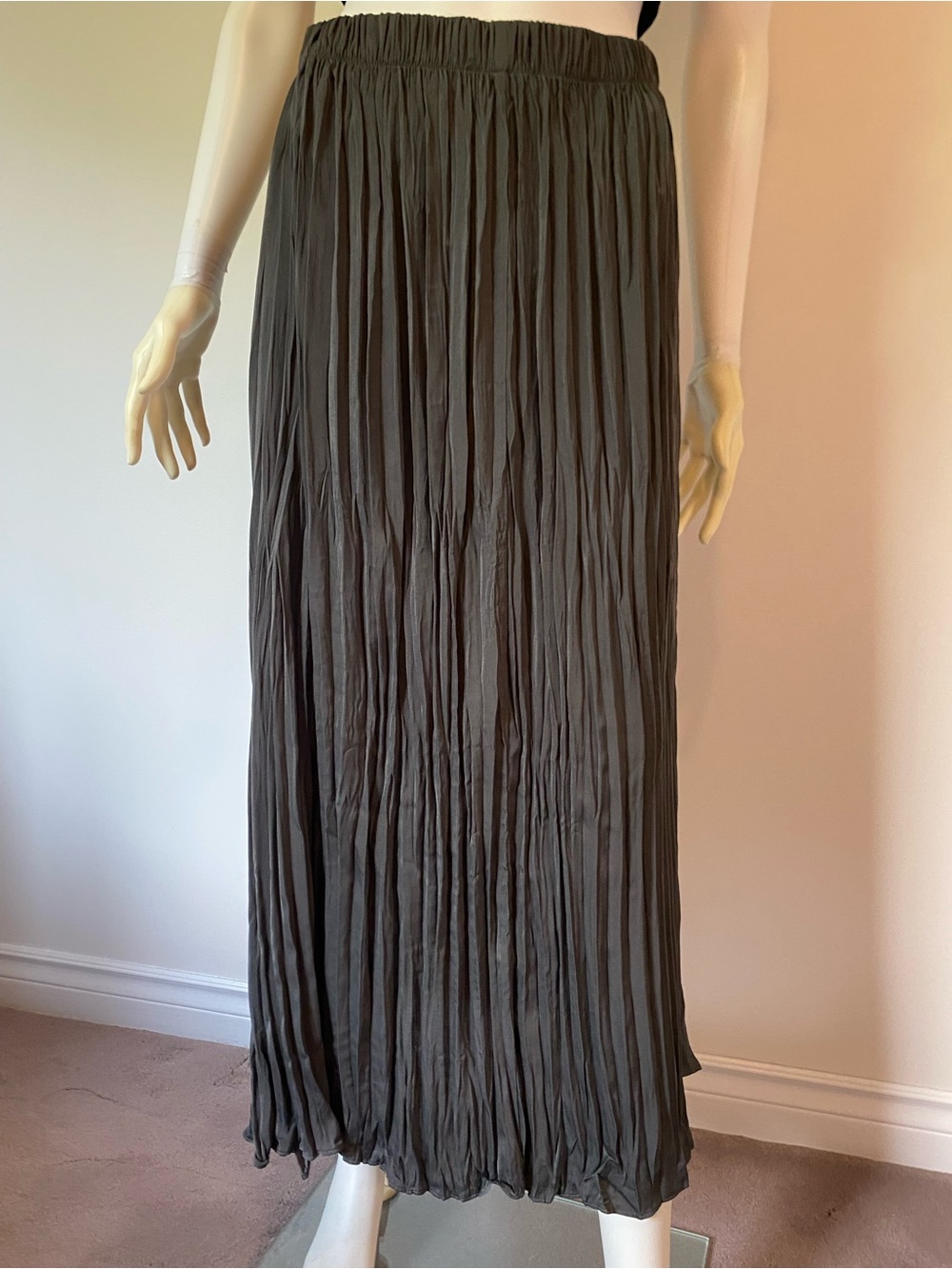Pleated Grey Maxi Skirt with Elastic Waistband